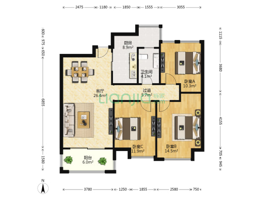 世纪乐活·公元城 3室1厅1卫 91平方