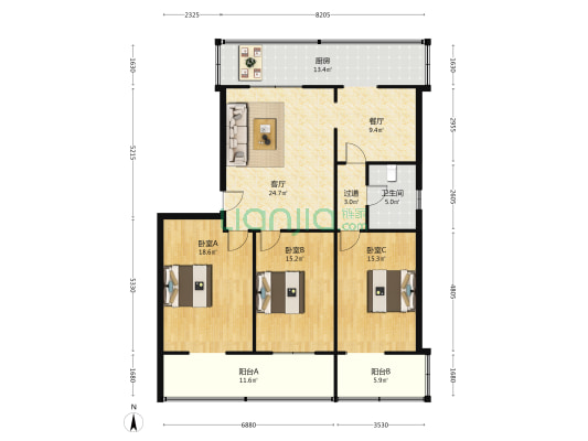 龙安公寓 3室2厅1卫 124平方