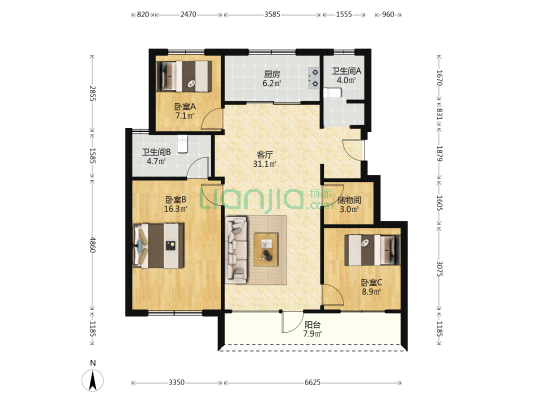 招商公园1872五期 3室1厅2卫 107平方