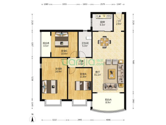 锦盘花园 3室1厅1卫 121平方
