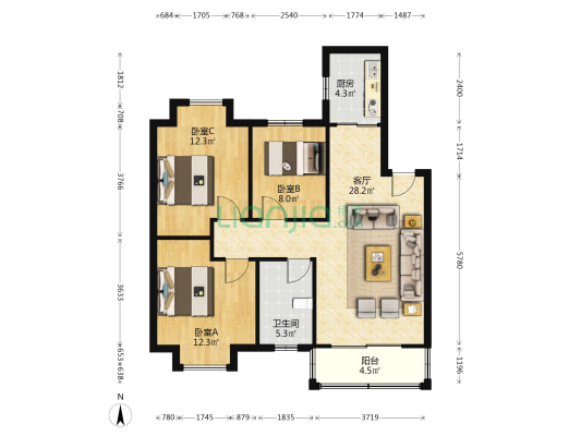 凤鸣居小区 3室1厅1卫 85平方