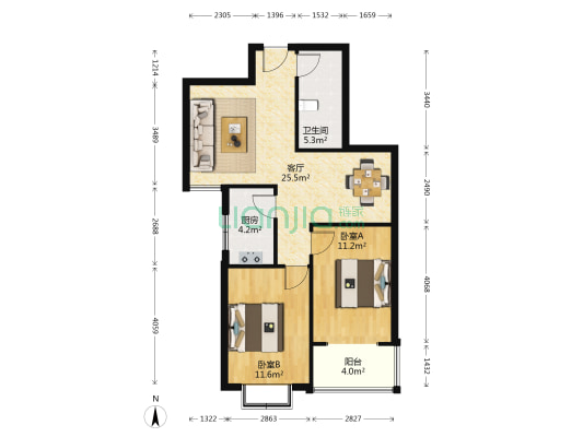 太矿育才苑 2室1厅1卫 90平方