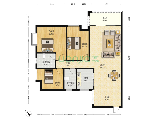 湖城国际丽水铭都 3室1厅2卫 132平方