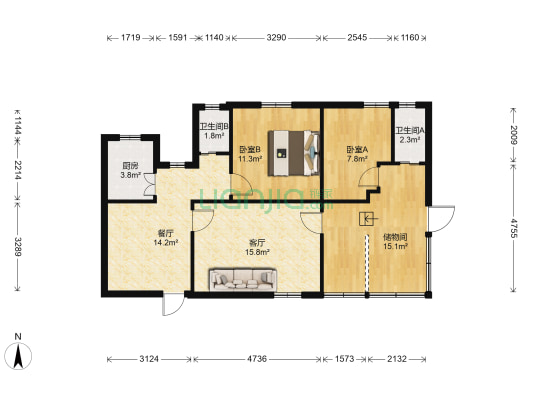 白云园北片 2室2厅2卫 60平方