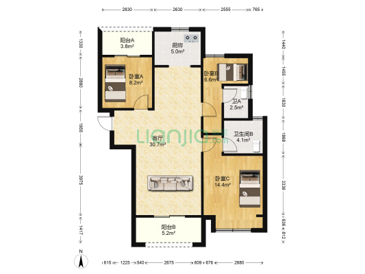 爱家尚城 3室1厅2卫 108平方