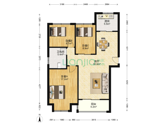 海尚壹品 3室1厅1卫 101平方