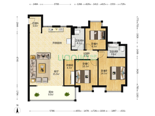 金投铂翠中央 3室1厅2卫 125平方