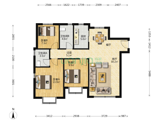 华航山海湖 3室1厅2卫 120平方