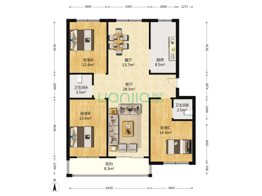 佳家源 3室2厅2卫 139平方