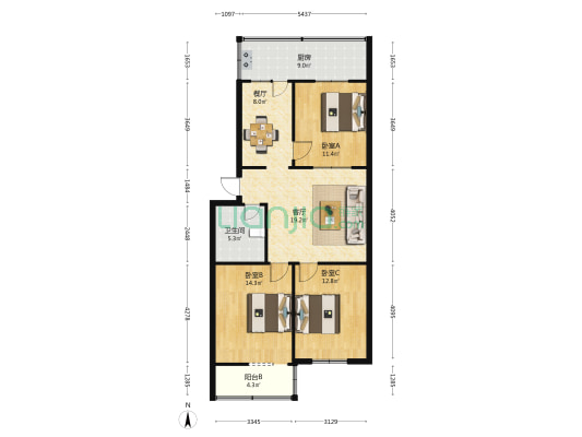 幼教宿舍 3室2厅1卫 95平方