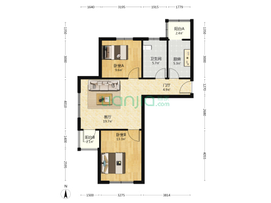 朝阳花园 2室1厅1卫 88平方