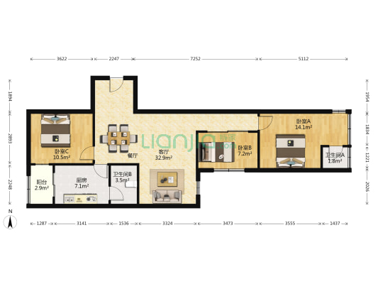 沙河镇政府宿舍 3室1厅2卫 94平方