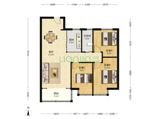 迎宾大厦棕榈学府 3室1厅1卫 100平方