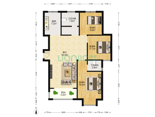 金域香城 3室1厅2卫 132平方