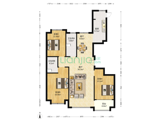 香榭苑 3室2厅2卫 150平方
