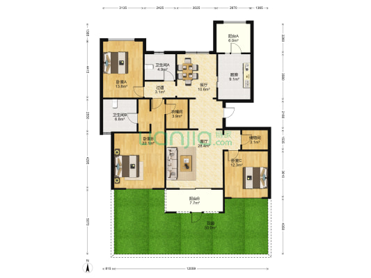 良渚文化村探梅里A 3室2厅2卫 164平方