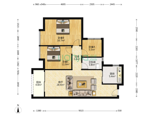 中海花湾壹号D区 3室1厅1卫 93平方