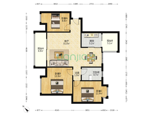海建商城 3室1厅1卫 114平方