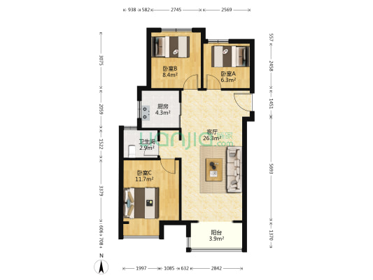 金科城二期 3室1厅1卫 88平方
