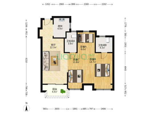 云尚风华城 3室1厅2卫 91平方