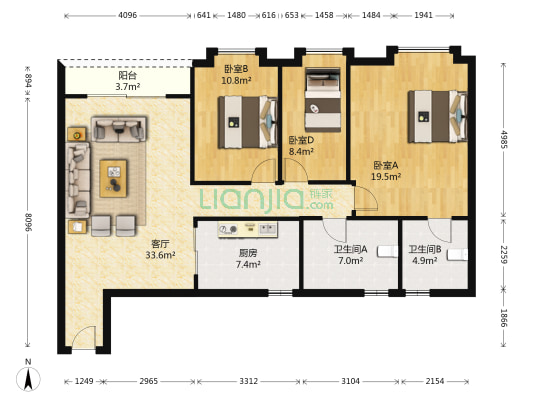 恒业豪庭 3室1厅2卫 103平方