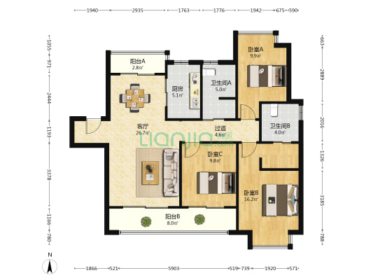龙湖煌盛春江天玺 3室1厅2卫 118平方