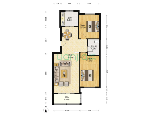 新世纪 2室1厅1卫 104平方