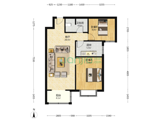 冠云路，满五唯一，全南两居室，精装修，价格可议-户型图