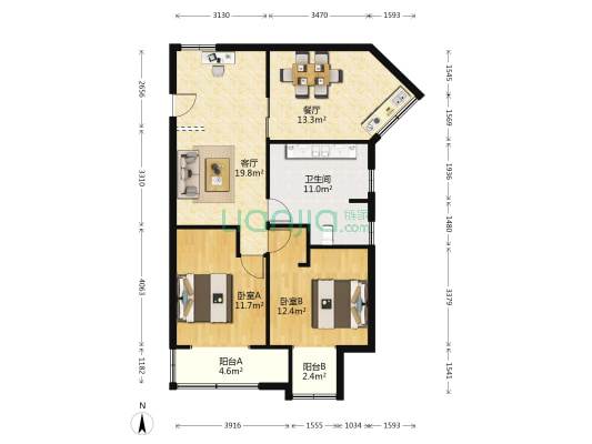 住友公寓 2室2厅1卫 107平方