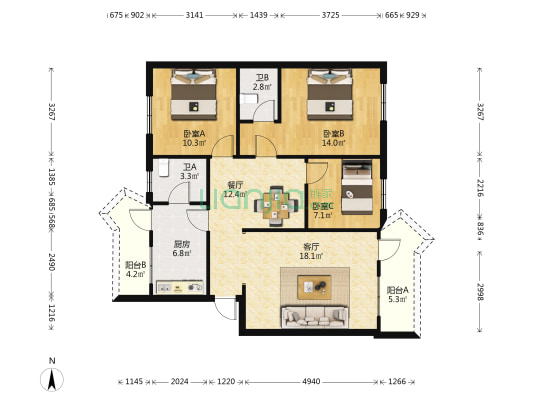 禾圹里北 3室2厅2卫 84平方