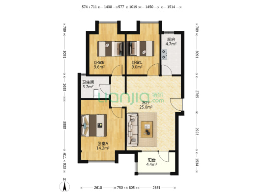 阳光逸墅 3室1厅1卫 91平方