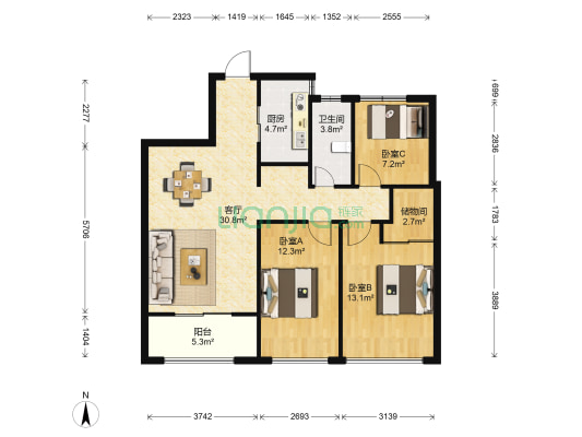 万达中央华府 3室1厅1卫 96平方