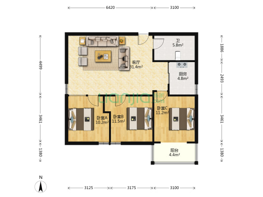 中华城小区 3室1厅1卫 110平方