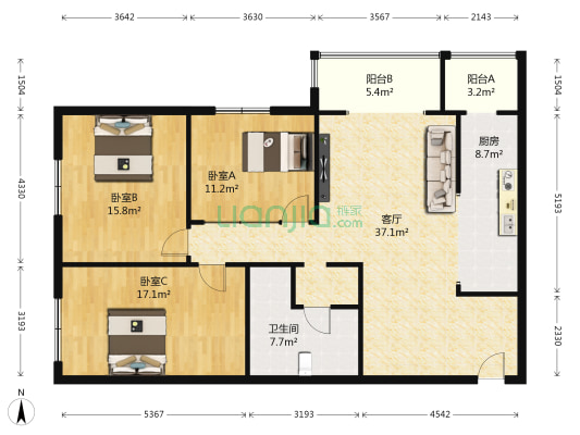 实创现代城 3室1厅1卫 136平方