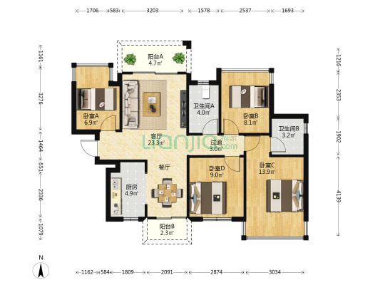 云星钱隆江景 4室1厅2卫 108平方