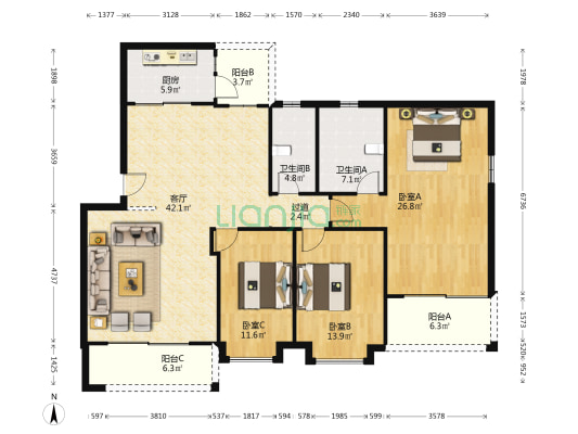 聚安楼 3室1厅2卫 140平方