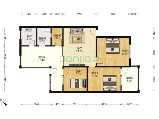 东北市街96号 3室1厅1卫 118平方