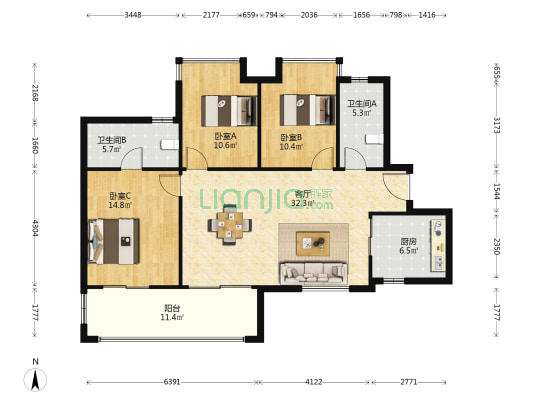 金科集美天辰 3室1厅2卫 120平方
