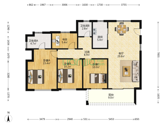 绿地海湾思海苑 4室1厅2卫 135平方