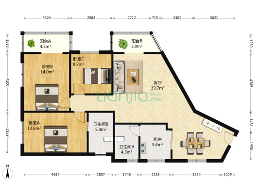 皇家花园 3室1厅2卫 121平方