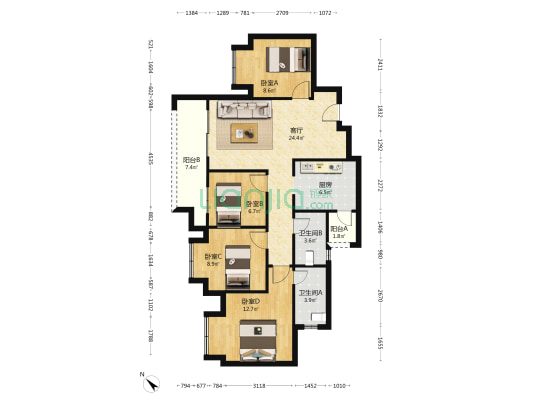 东原江山印月二期 4室1厅2卫 97平方