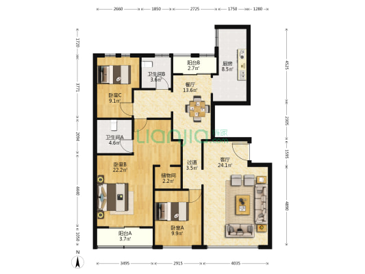 梧桐公寓 3室2厅2卫 135平方