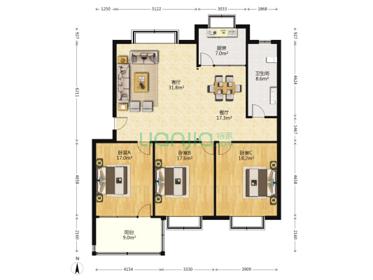 商场西街 3室2厅1卫 147平方