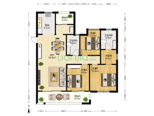 雅锦西园 3室1厅2卫 127平方