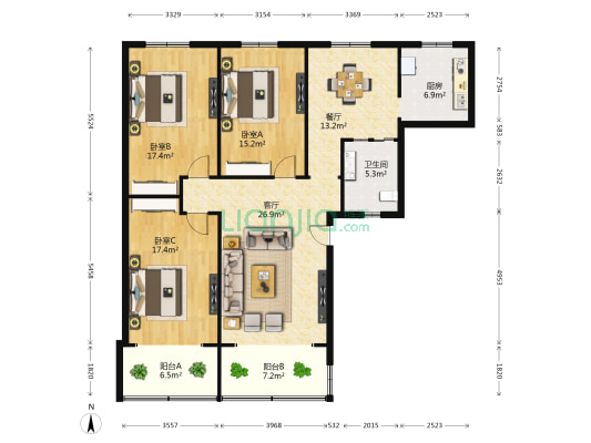 嘉业澄苑 3室2厅1卫 134平方