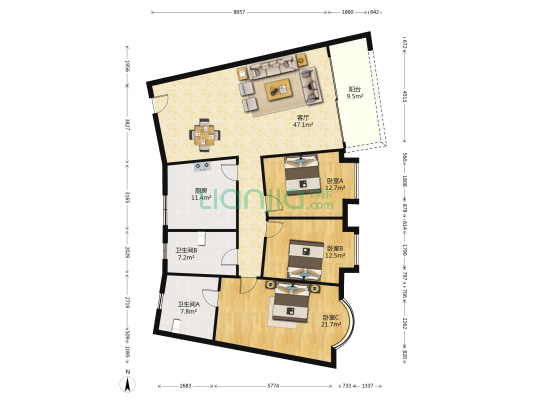 中保宿舍楼 3室1厅2卫 145平方