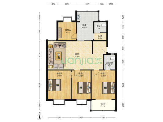 凤岭山庄北区 4室1厅2卫 128平方