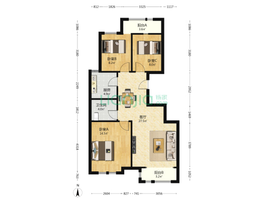 万科金域华府D区 3室1厅1卫 94平方