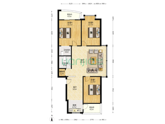 北垟周家园 3室2厅2卫 120平方