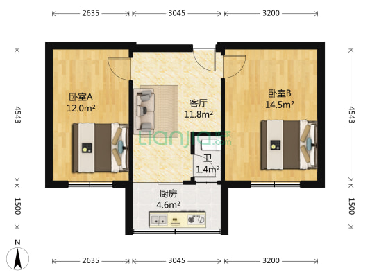 商校住宅楼 2室1厅1卫 54平方